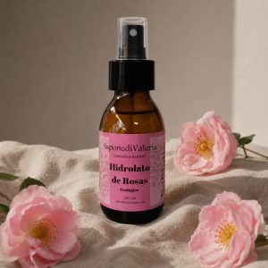 Hidrolato de rosas natural en botella de vidrio ámbar con flores rosas frescas – Sapone di Valeria