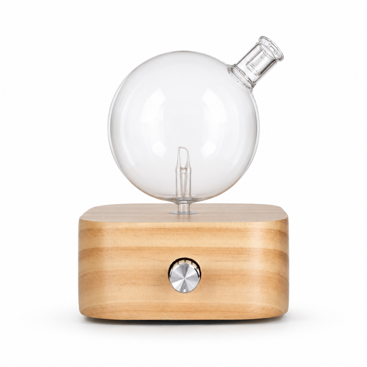 Difusor ultrasónico bola de cristal con base de madera natural, fondo blanco