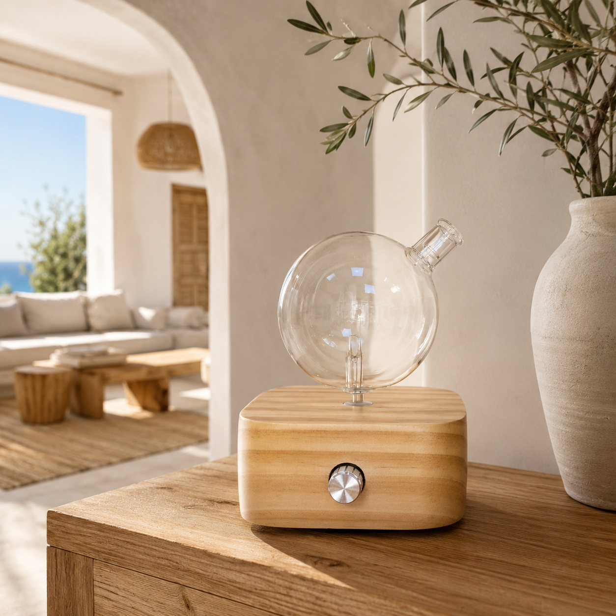 Difusor ultrasónico bola de cristal sobre mueble en salón mediterráneo