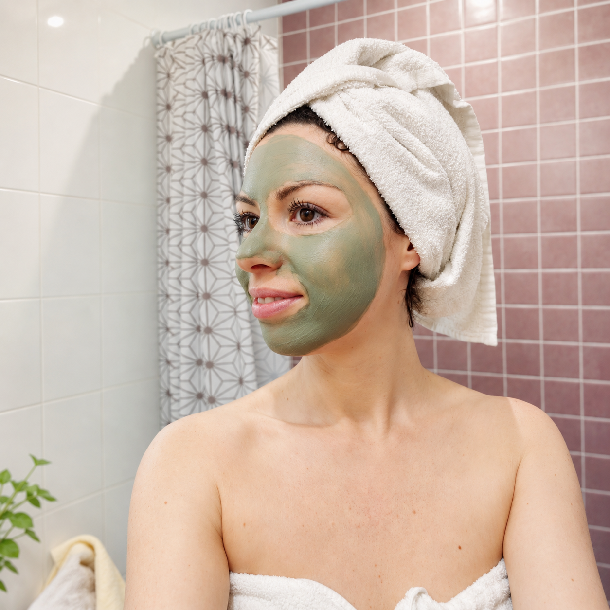Mujer con mascarilla de arcilla verde en rutina facial de cuidado natural de la piel