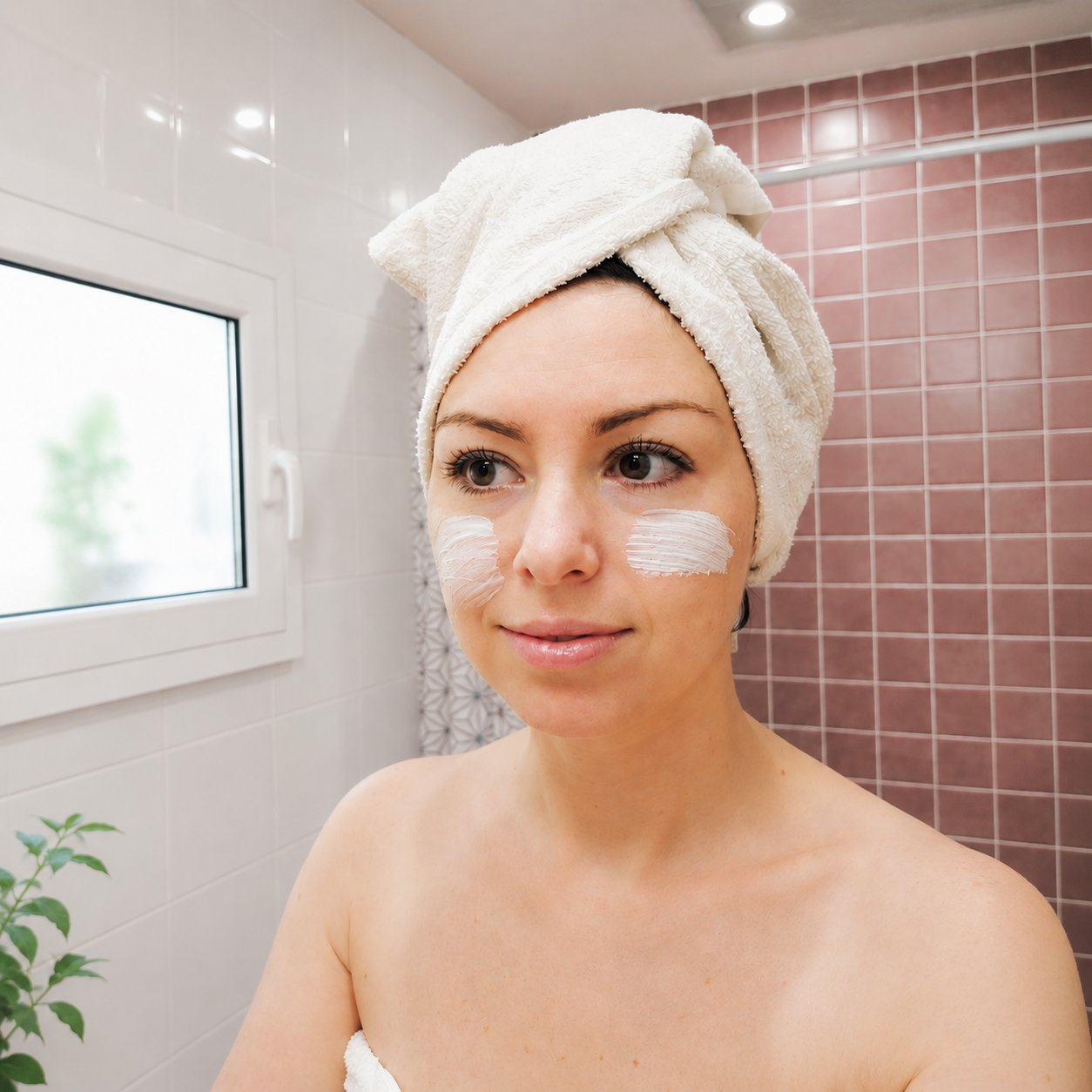 Mujer aplicándose crema hidratante facial natural con toalla en la cabeza