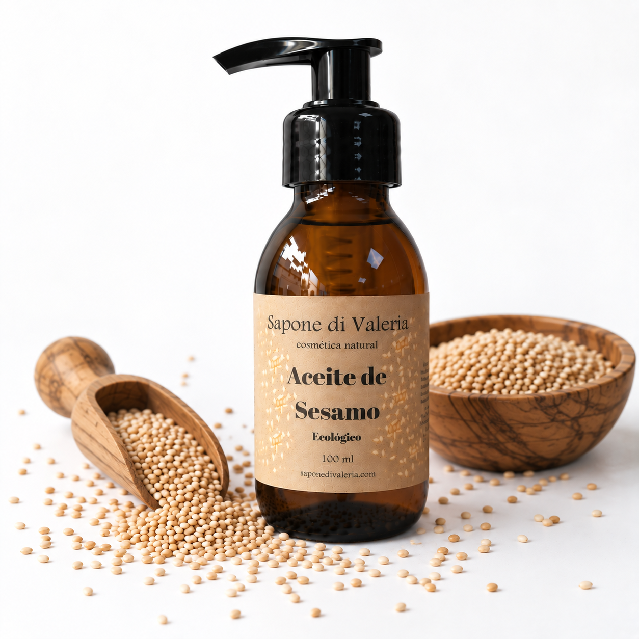 aceite de sésamo ecológico 100 ml con dosificador y semillas de sésamo ⋆ Sapone di Valeria